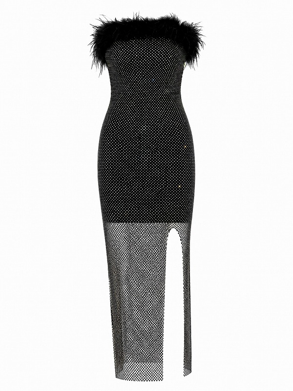 【新品DRESS 2000】オーロララインストーンファーベアトップショートインロングタイトミディアムドレス ブラック